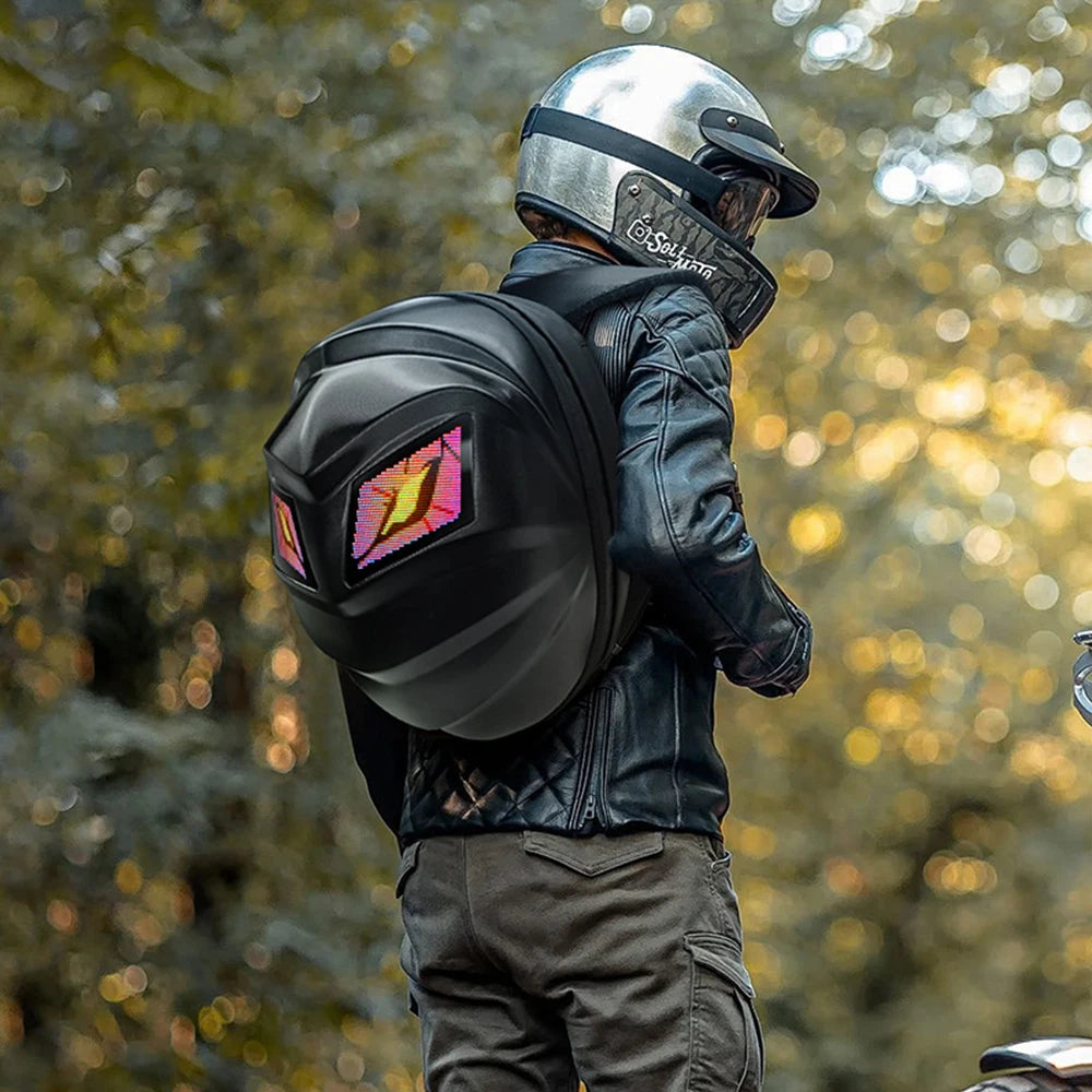 Zaino per moto a LED con schermo digitale programmabile, borsa per casco da ciclismo impermeabile per esterni per escursioni, guida in moto
