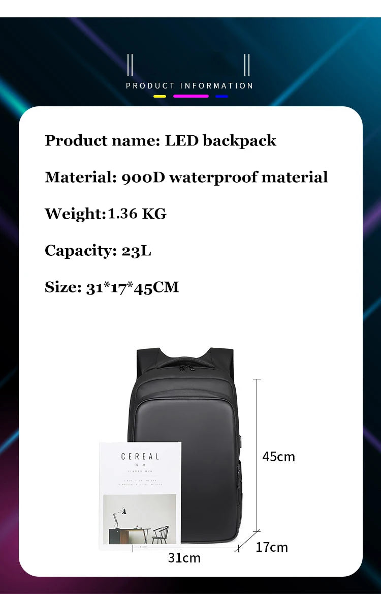 Zaino con display a LED Viaggio d'affari Zaino per laptop da 15,6 pollici Zaino da uomo intelligente fai da te Zaino da scuola Zaino multimediale da donna